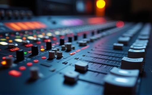 Close-up of a professional audio mixing console